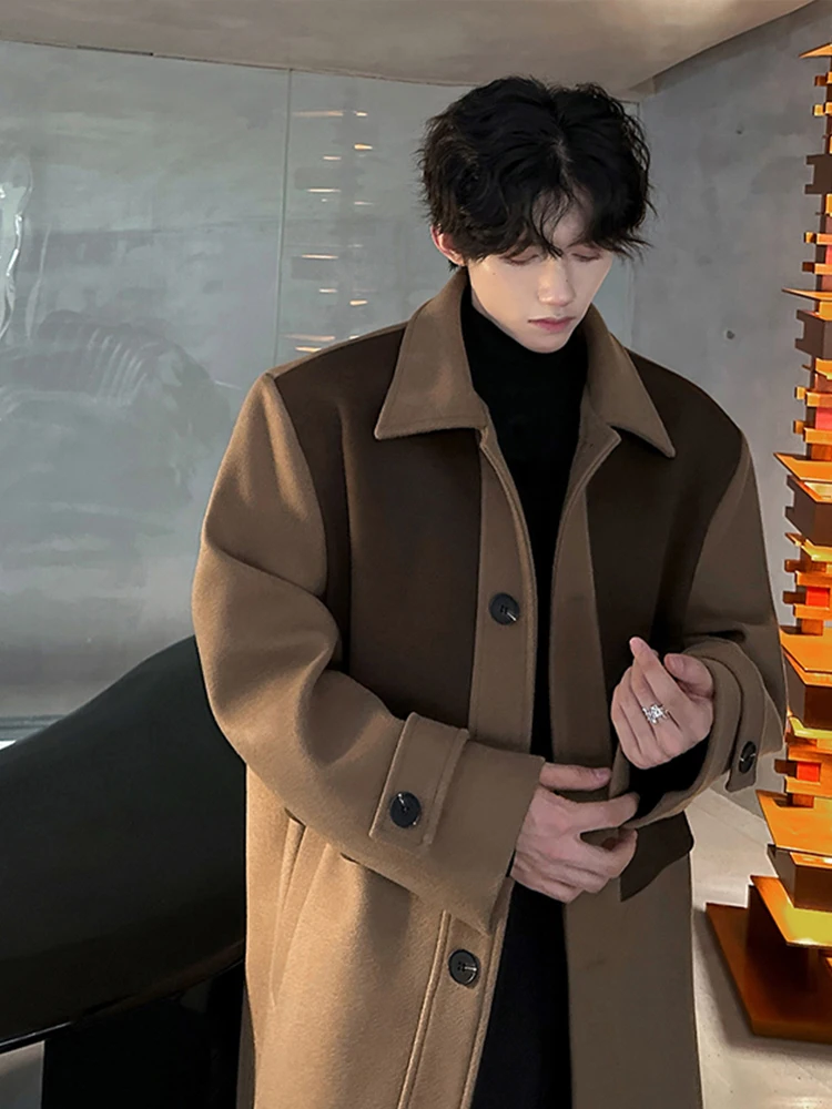 

Premium Feel Color Blo Men's Woolen Coat Autumn Winter Korean Sle Mid-Length Over-Knee Briti Sle Cheered Outerwear