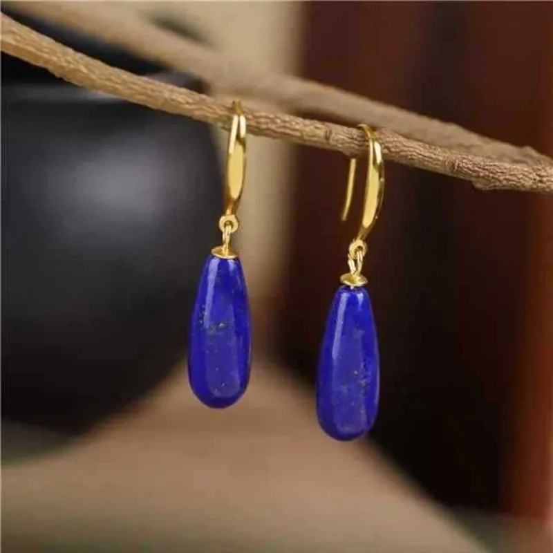 2026 Lapis Lazuli Earrings Women's Sterling Silver Ancient Gold Klein Blue Temperament Simple Water Drop Earrings New Jewelry