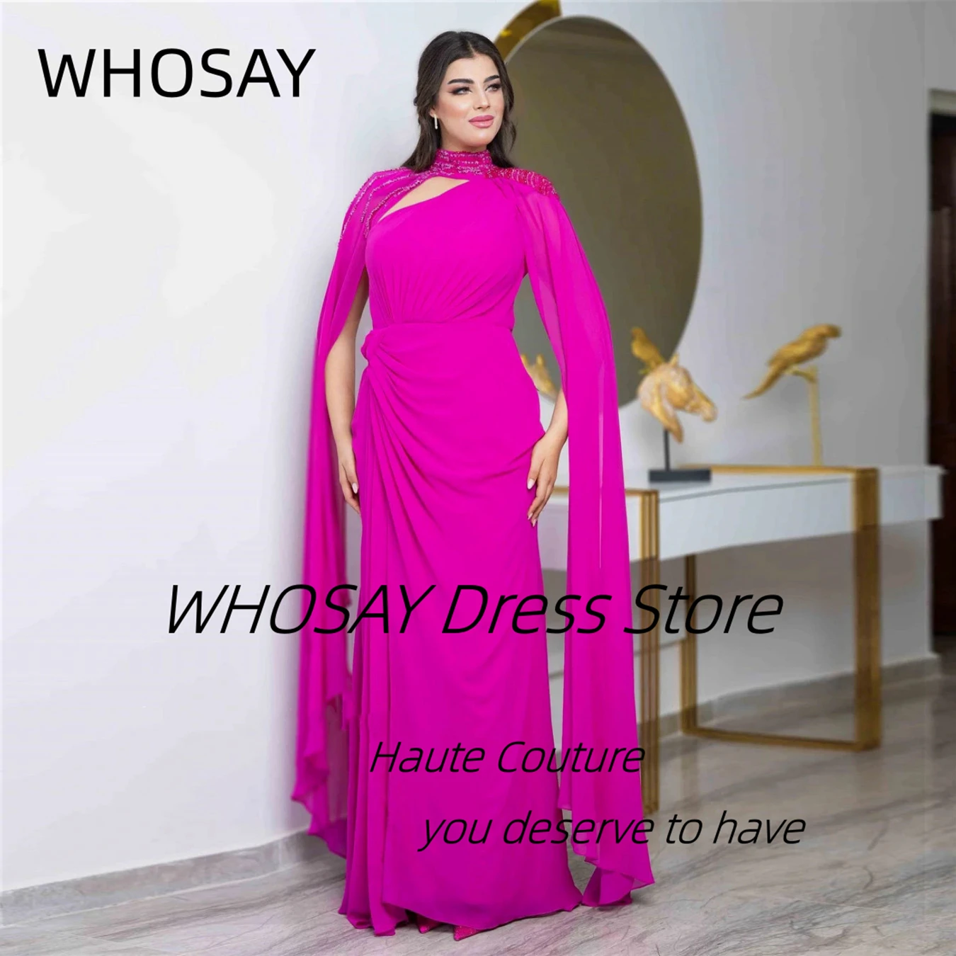 WHOSAY Fushcia Evening Dresses Beading High Collar Flutter Sleeves Prom Dress Ruched Long Elegant Party Gowns Custom Made