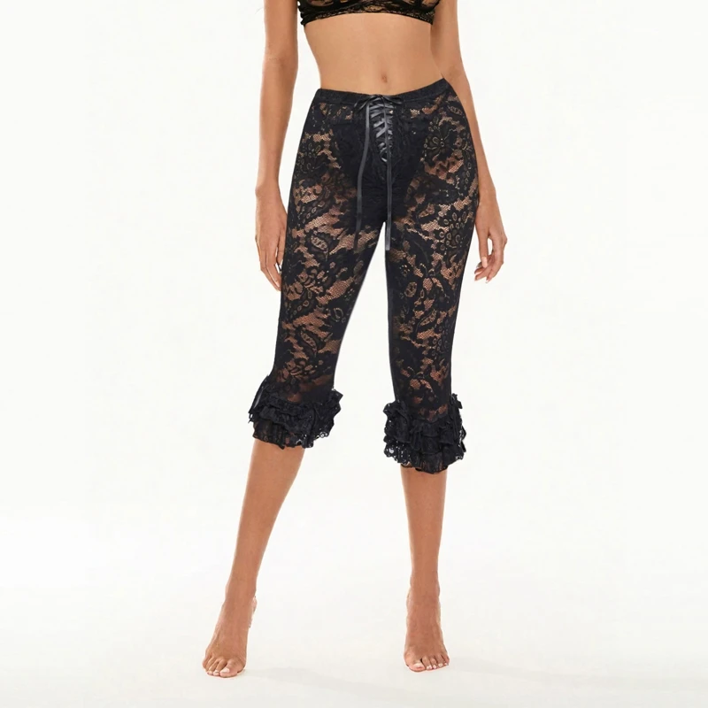 Coquette See-Through High Waist Ruffles Hem Trousers Women Floral Lace Capri Pants Summer Casual Pants Stretch Crop Leggings