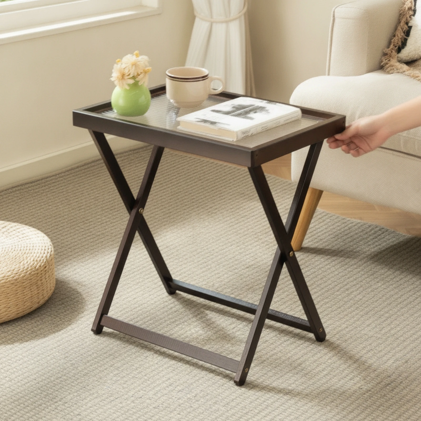 Folding Side Table with Acrylic Top Foldable Folding Side Table Furniture Modern Sturdy for Living Room, Bedroom