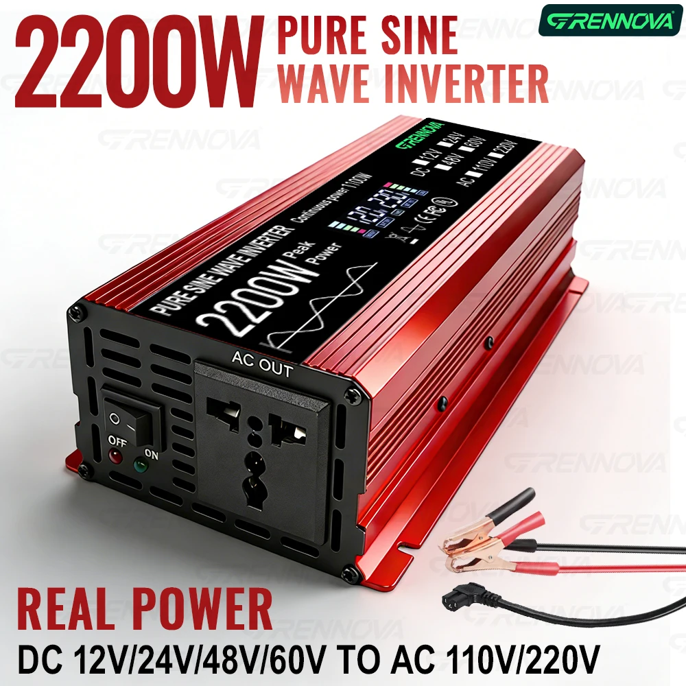 GRENNOVA 2200W Pure Sine Wave Inverter DC 12V 24V 48V to AC 110V 220V 1100W Rated Power Inverter for Home RV Truck Solar System