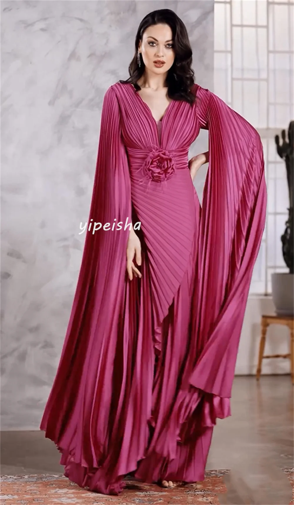 Customized Intricate Fashion Pleat Draped Handmade Flower A-line V-neck Long Dresses Homecoming Dresses Sizes Available High Qu