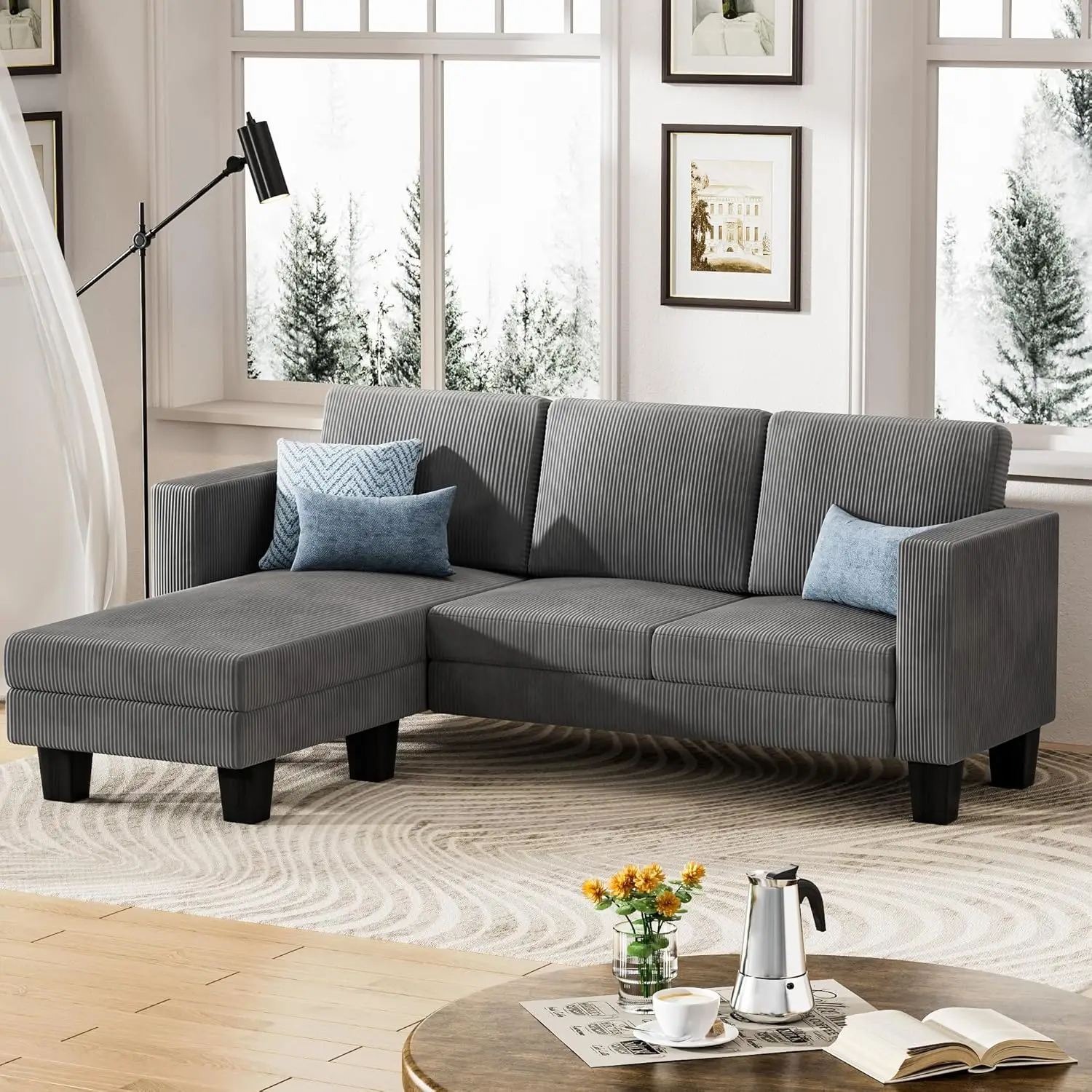 

L-shaped Convertible Sectional Sofa 3 Seater Fabric, Complete with Mobile Footrest, for Living Room, Apartment and Office