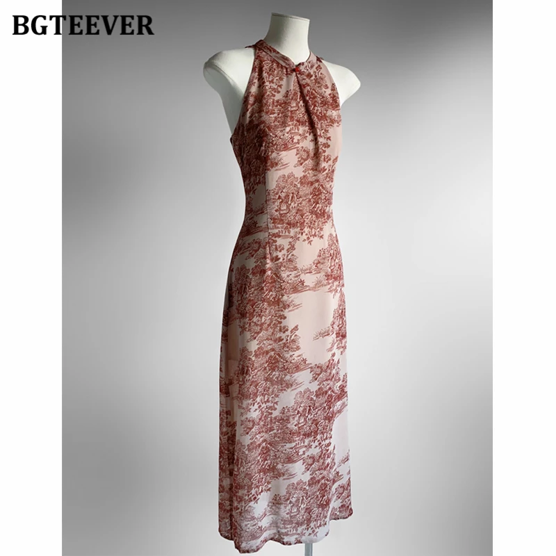 BGTEEVER-vestido Cheongsam elegante con estampado dividido para mujer, ceñido al cuerpo, cintura ajustada, sin mangas, cadera, Midi, Verano