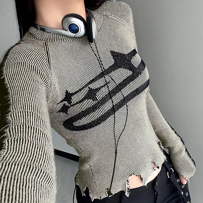 Darlingaga Grunge Y2K Vintage Ripped Sweater Knitted Women Pullover Knitting Crop Hole Fairycore Autumn Jumper Korean 90s Outfit