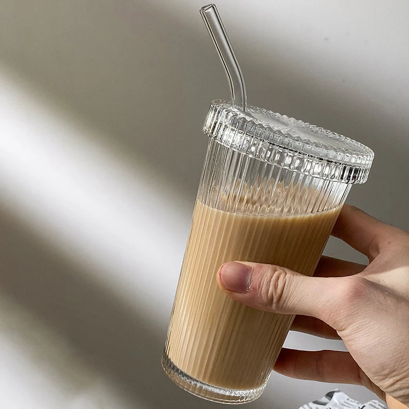 380Ml Eenvoudige Streep Glazen Beker Met Deksel En Stro Transparant Theekop Sap Glas Bier Kan Melk Mokka Kopjes Ontbijt Koffiemok