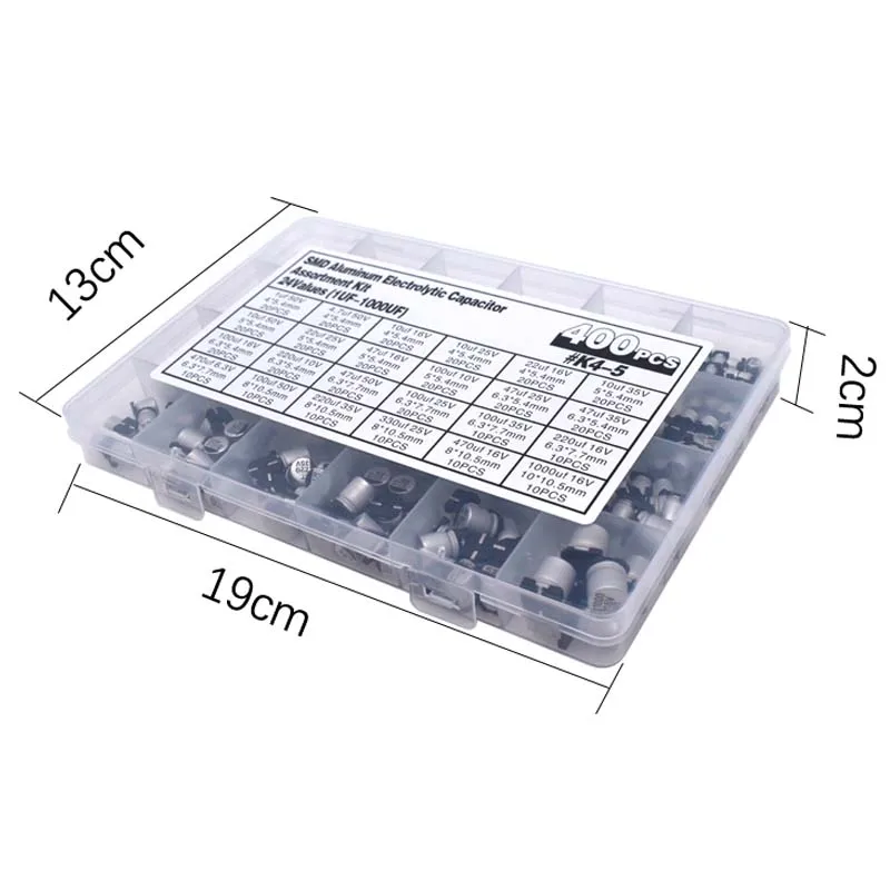 الألومنيوم مكثفات كهربائية SMD مجموعة متنوعة 400 قطعة 24 قيمة SMD 1 فائق التوهج ~ 1000 فائق التوهج 6.3 فولت-50 فولت 24 قيمة مع صندوق