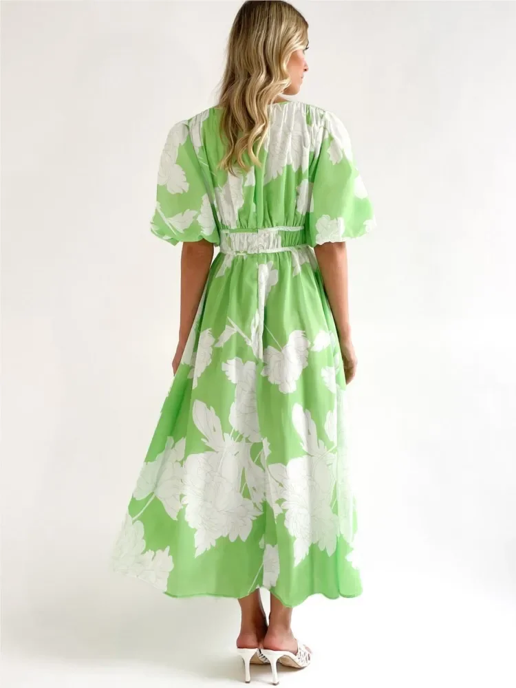 ファッションボヘミアン花柄ロングワンピース レディース 春夏新作 半袖 Vネック エレガント マキシ丈ワンピース