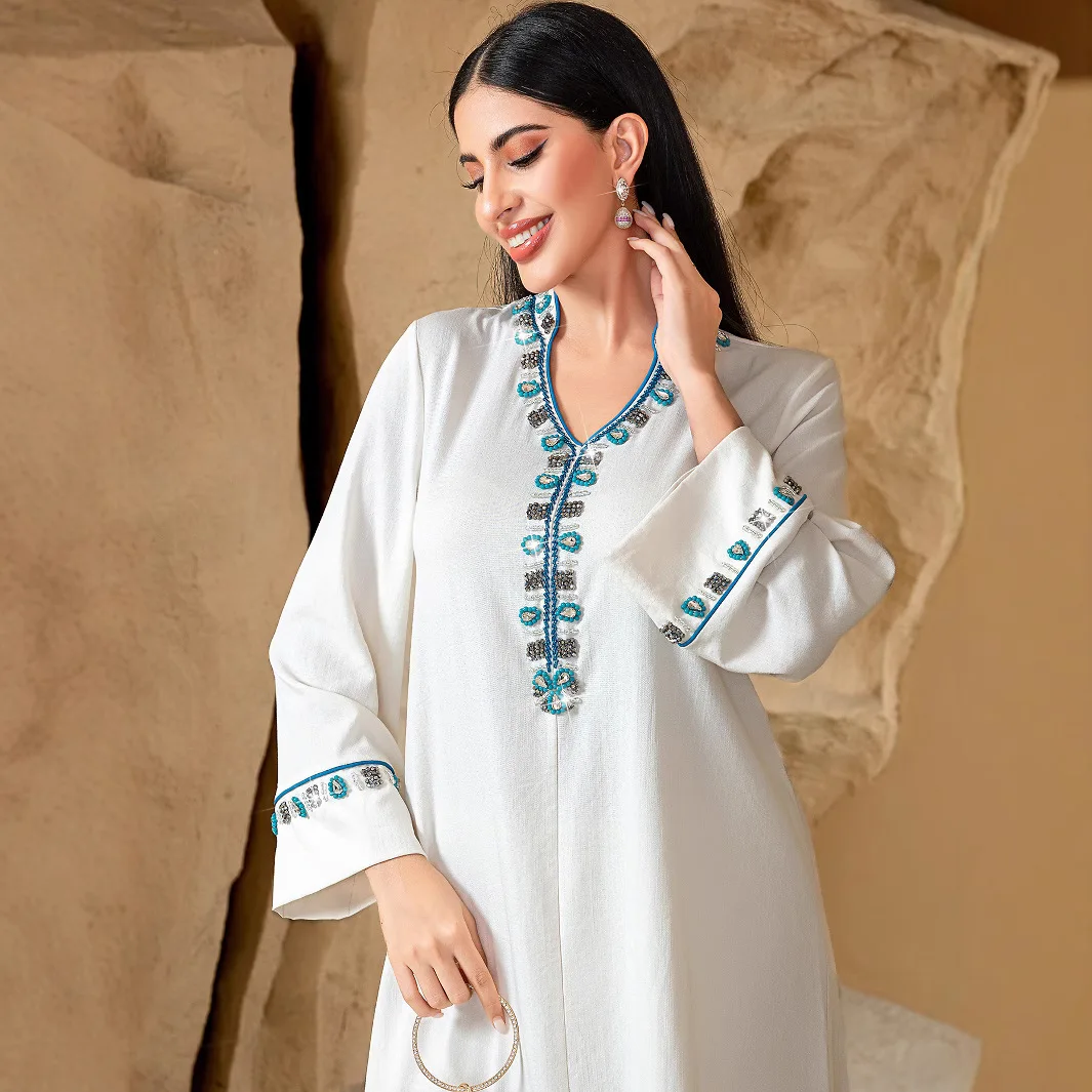 

Eid Party Dress for Women Beaded Abaya Muslim Evening Gown Ramadan Dubai Kaftan Kebaya Caftan Marocain Femme Robe Islam Jalabiya