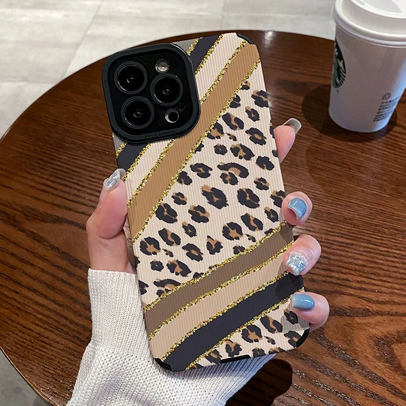 Fahion Patchwork Leopard Print Case For iPhone 15 Pro Max 14 13 12 11 16 Pro Max X XR XS Max 7 8 Lens Protection Soft TPU Cover