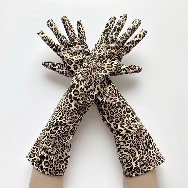 Sexy Leopard Long PU Gloves 50cm Nightclub DJ Stage Dance Performance Gloves Cosplay Evening Party Costume Accessory