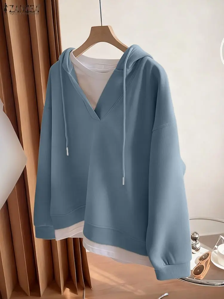ZANZEA Women Hooded Sweatshirts Fashion Long Sleeve Hoodies Loose Solid Casual Pullovers 2025 Autumn Winter Jumpers Elegant Tops
