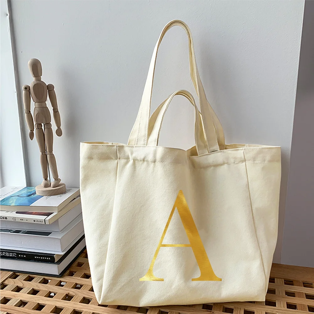 Reusable Shopping Bag New Gold Letter Printed Women Trend Canvas Tote Bags Shopper Eco Bag Harajuku Korean Version Shoulder Bags