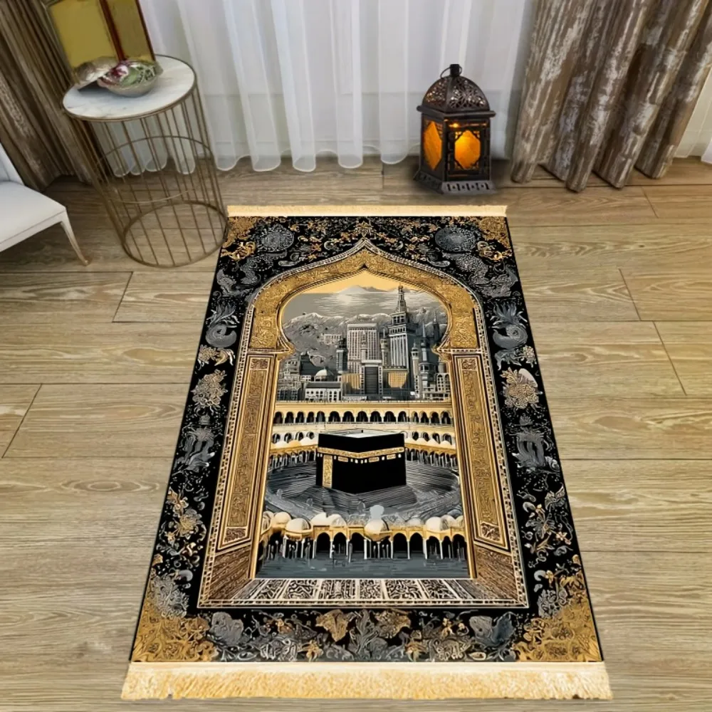 VIKAMA Islamischer Gebetsteppich Blau-Gold Bogendesign, Luxuriöse Waschbare Faltbare Reisematte für Salah, Anbetung, Eid Mubarak Geschenk