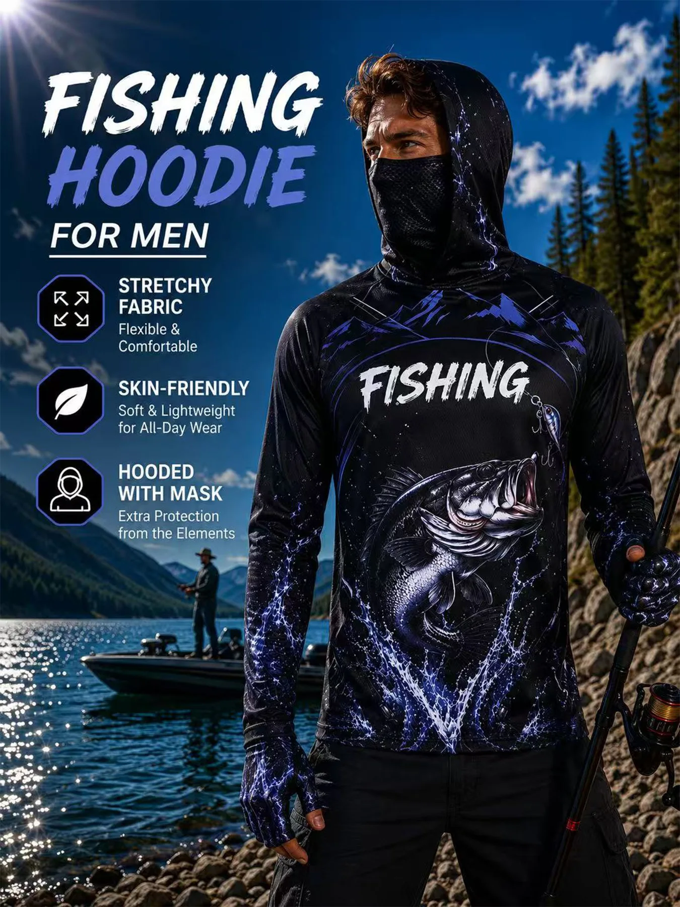 Men's UV Protection Outdoor Fishing Hoodie Face Mask Neck Gaiter Integrated Quick-Dry Breathable Anti-Mosquito Hooded Shirt