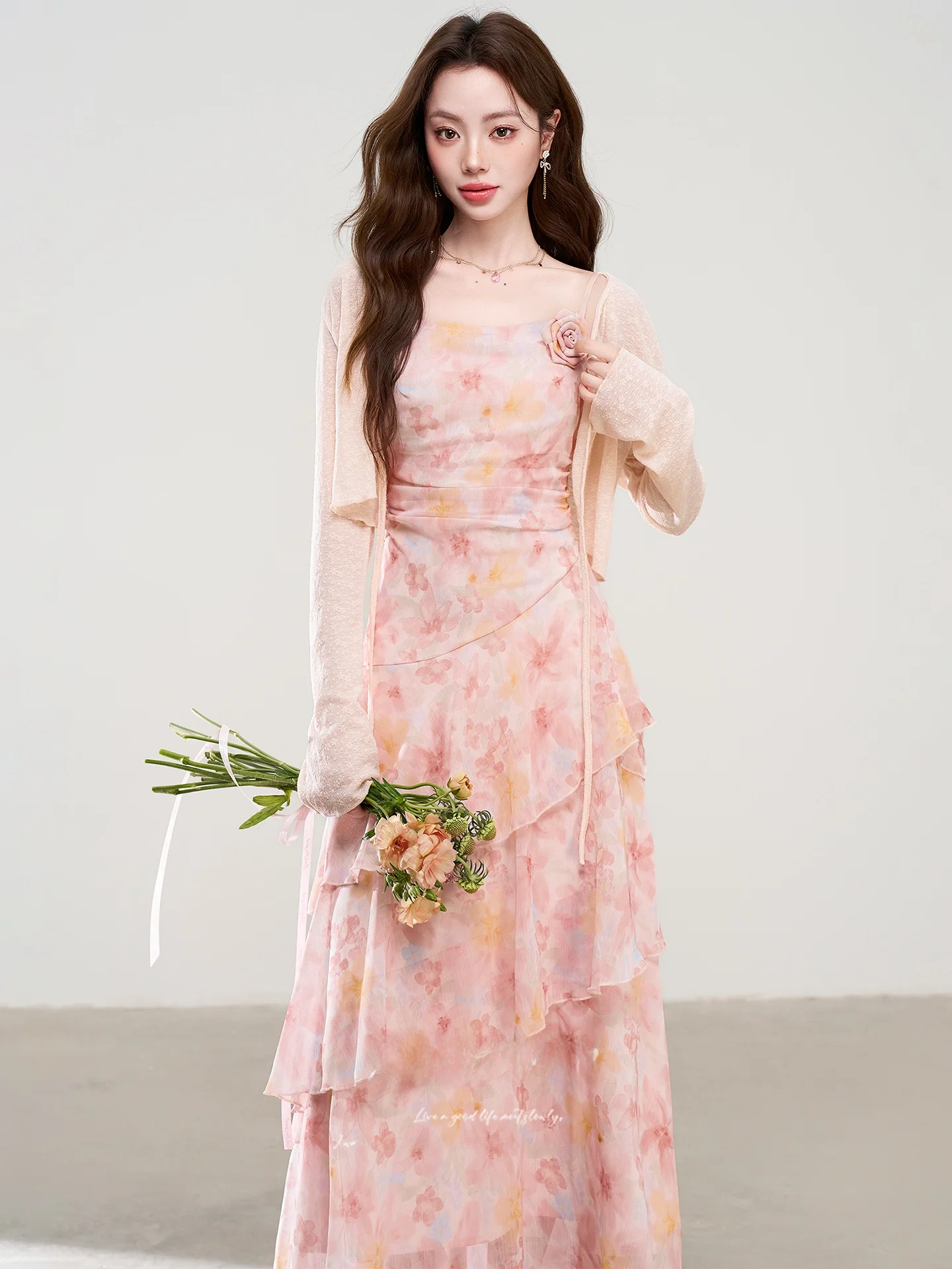 

Summer New Floral Print Two-Piece Set Women's Dress Cake Skirt Light Maturity Style Long Sleeve Cardigan High Waist Flared Skirt