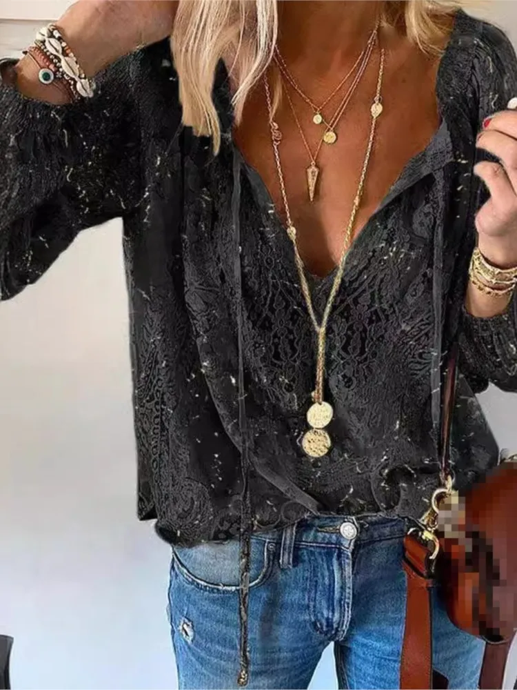 Women\'s Fashion Solid Sexy Hollow Out V-neck Shirt Top 2025 Autumn Lace Blouse Casual Loose Tops Office Lady Lace-up Top