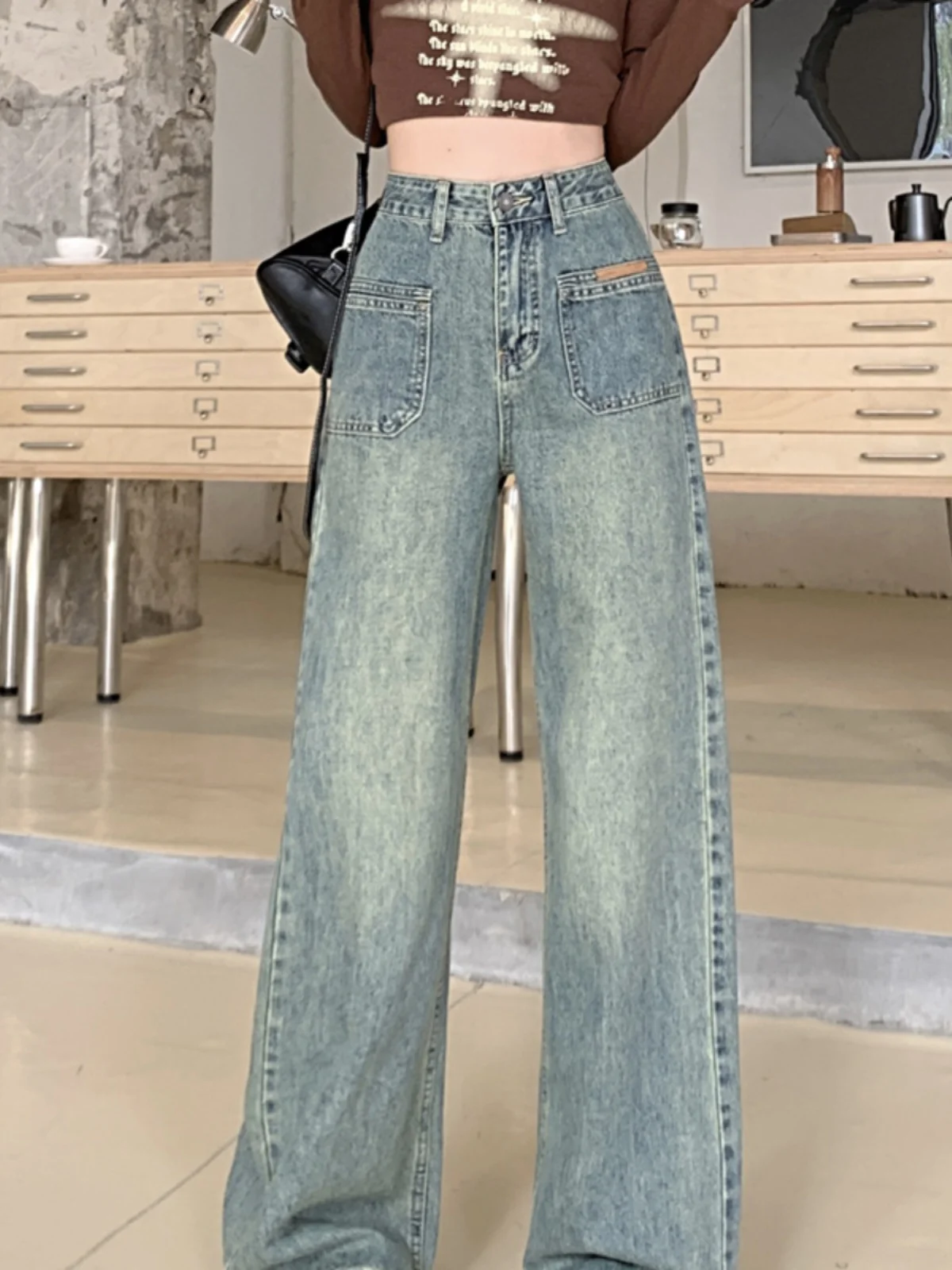 

High Waist Wide Leg Straight Cut Jeans for Taller Women Spring Autumn 2025 New Loose Fit Slim Version Retro Floor Length