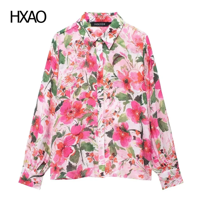 

HXAO Women's Printed Blouses With Flowers Summer 2024 Women's Long-sleeved Lapel Blouses Loose Casual Blouses For Female