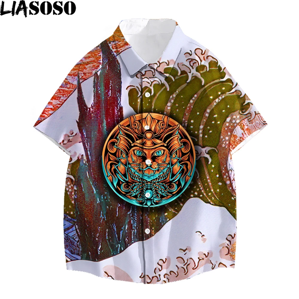 

LIASOSO Samurai Cat Vintage Graphic Brand 3D Print Hawaiian Shirt Half Sleeve Hip Hop Trend Outdoor Chic Top Half Sleeve Dress