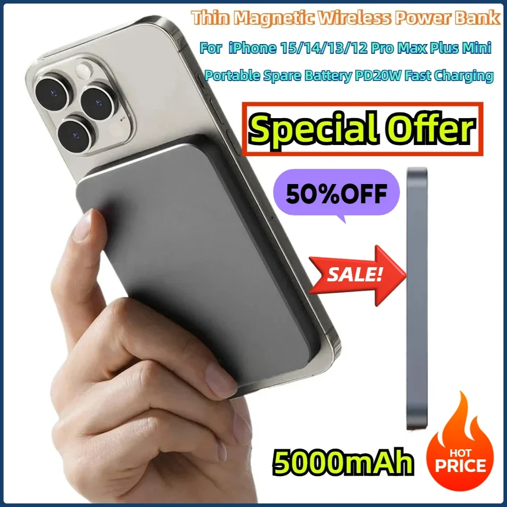 Portable Spare Battery Thin Magnetic Wireless Power Bank PD20W Fast Charging For IPhone 15/14/13/12 Pro Max Plus Mini