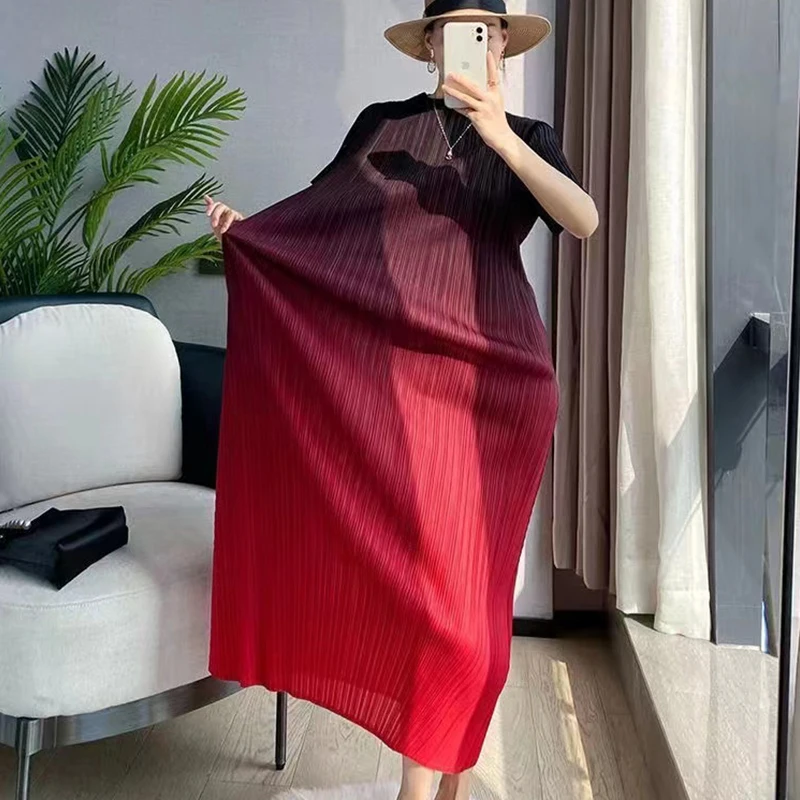 Gradient Medium Long Slim Dress, Fashion Pleated Dress