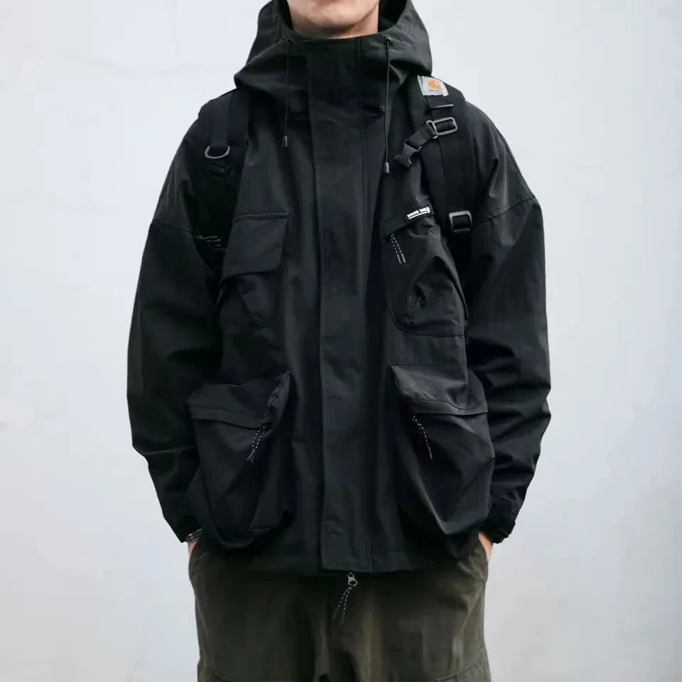Kapuzen-Cargojacke mit mehreren Taschen, Unisex, im japanischen Harajuku-Stil, lässiger, winddichter Mantel für Frühling und Herbst, Outdoor-Oberteil für Paare. – Detail 3