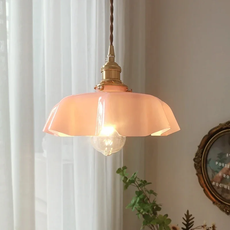 French Cream Brass Pendant lighting Restaurant Glass Retro Brass Pendant light Bay Window Romantic Balcony Bedside Lamp