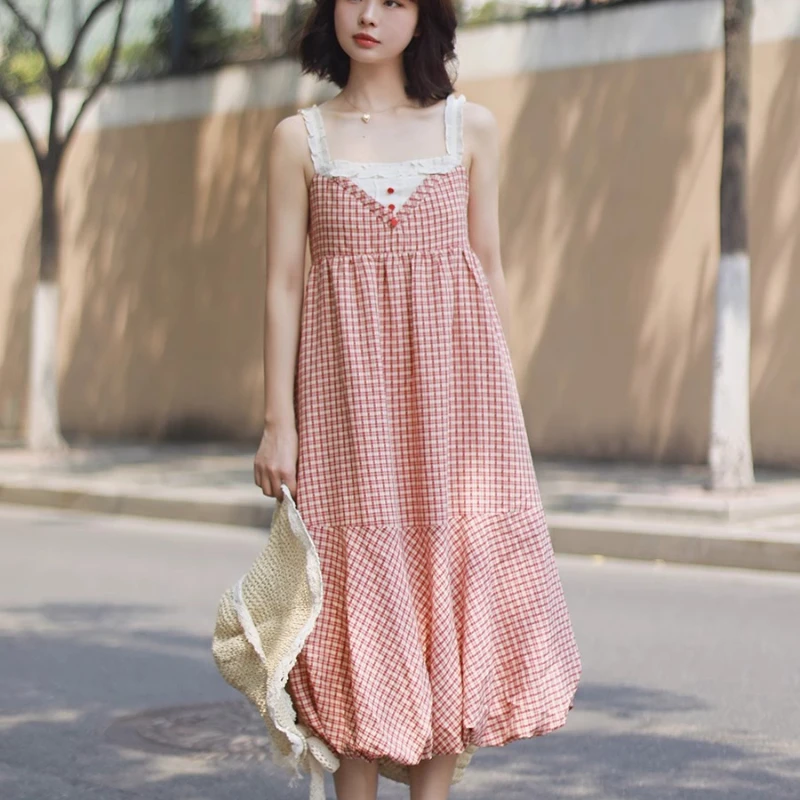 韓国の夏の新しい婦人服赤チェック柄かわいい甘いレーススリングドレスルーズ薄型ノースリーブかわいいミディアムロングドレスレディース