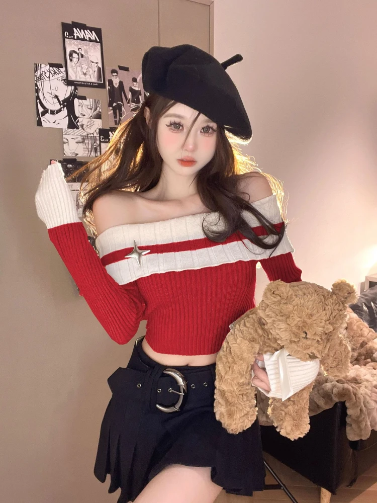 2025 Sexy Slash Neck Sweater Women Clothing Patchwork Off Shoulder Tunic Sueter Mujer Knitted Cropped Pullovers Tops Pull Femme