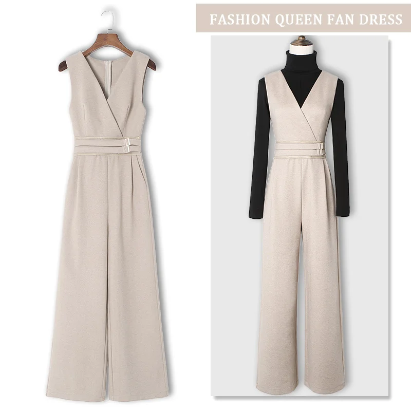 

High Waist Wide Leg Suit Set Women's Autumn Winter New Sle Woolen Bib Overalls Faionable Drapey Straight Cut Trousers