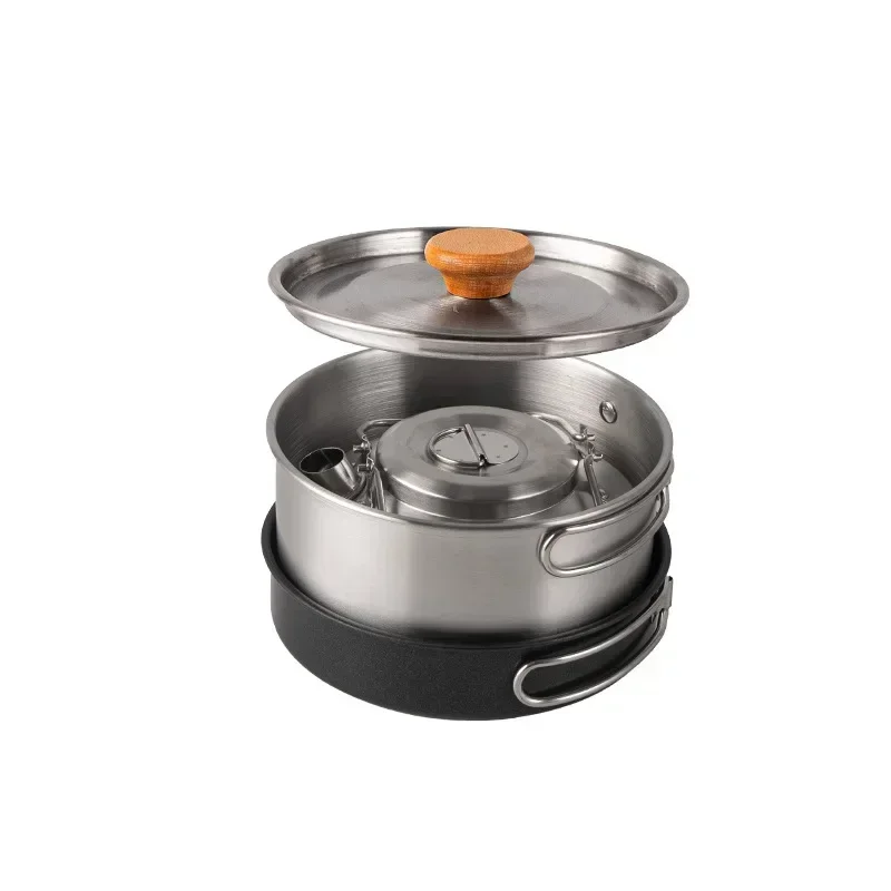 New Set 4pcsOutdoor Stainless Steel Pot Set Camping Family Pot Set 1L Portable Picnic Soup Pot Frying Steaming Household Camping