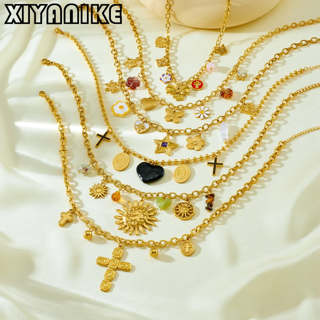 

XIYANIKE Geometry Sun Flower Cross Bow Star Butterfly Heart Pendant Necklace For Women 316L Stainless Steel Creative Accessories