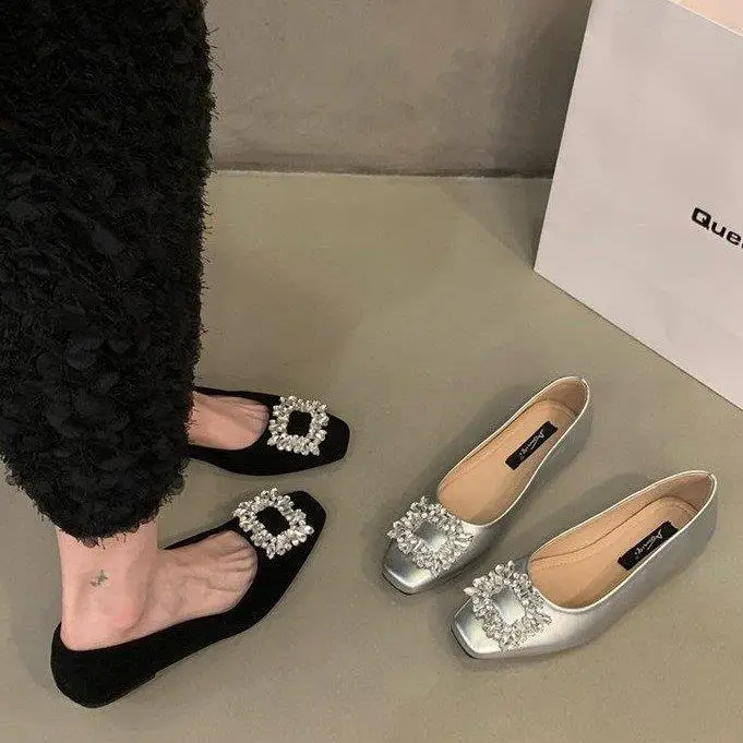 

Silver Flat Bottom Women's Shoes with Rhinestones Commuter Bean Bean Shoes Black Color Spring Autumn Winter Seasonal Wear