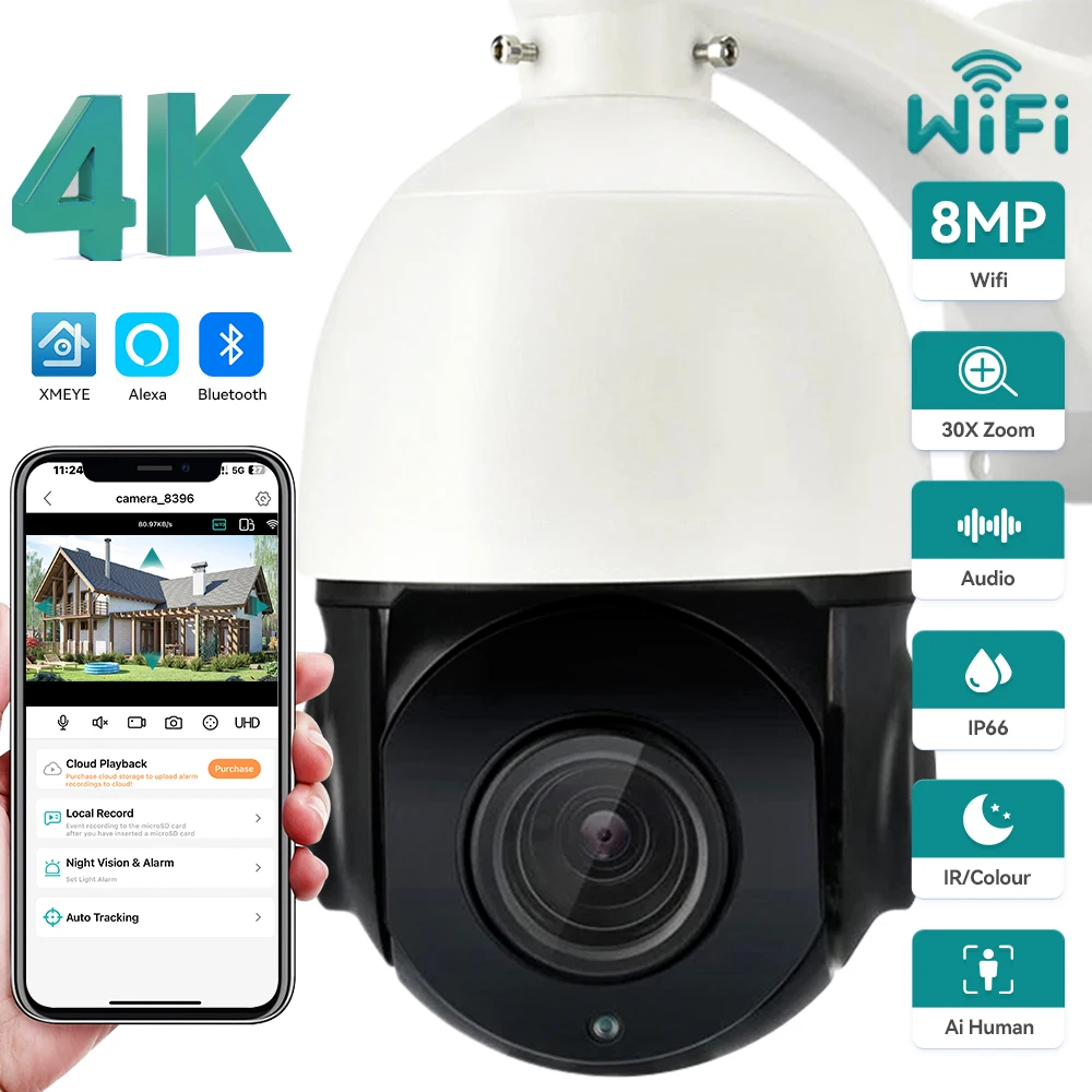 4K 8MP POE Camera 30xZoom PTZ IP Camera AI Human Detection Two Way Audio Max 100m IR Nightvision Supports SD Card Slot XMeye