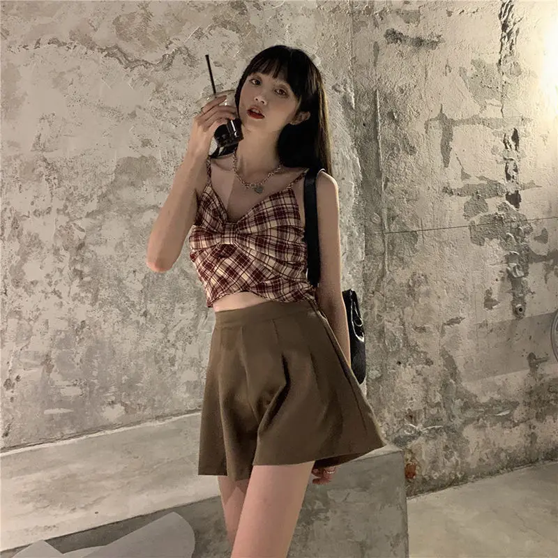 Zestawy damskie Sweet Plaid Camis Design Bow Sleeveless Crop Tops Pleated Shorts Trendy Sexy Ulzzang Chic Two Pieces for Summer Mujer