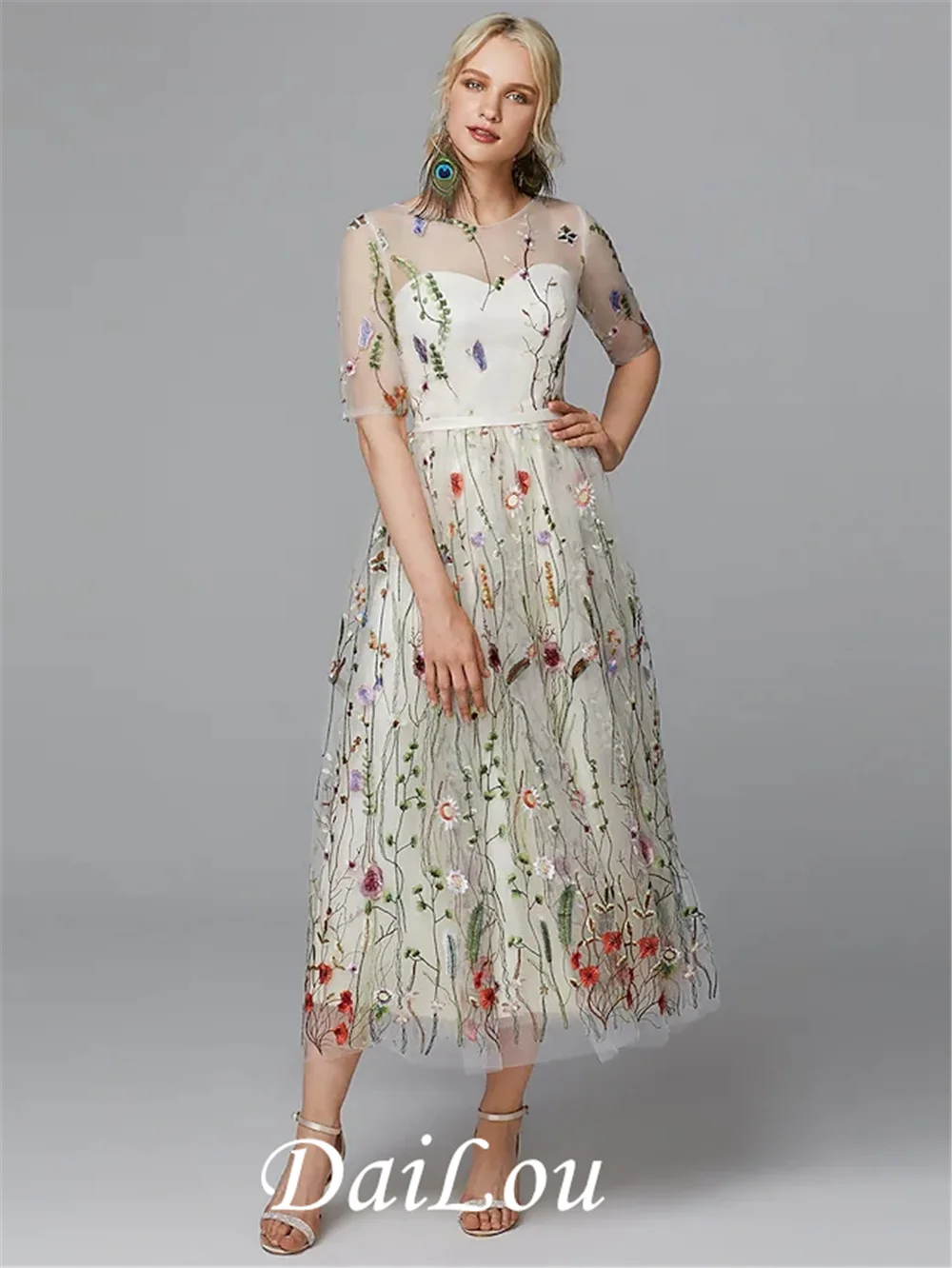 Floral Holiday Cocktail Party Valentine's Day Dress Illusion Neck Half Sleeve Tea Length Lace with Embroidery Appliques