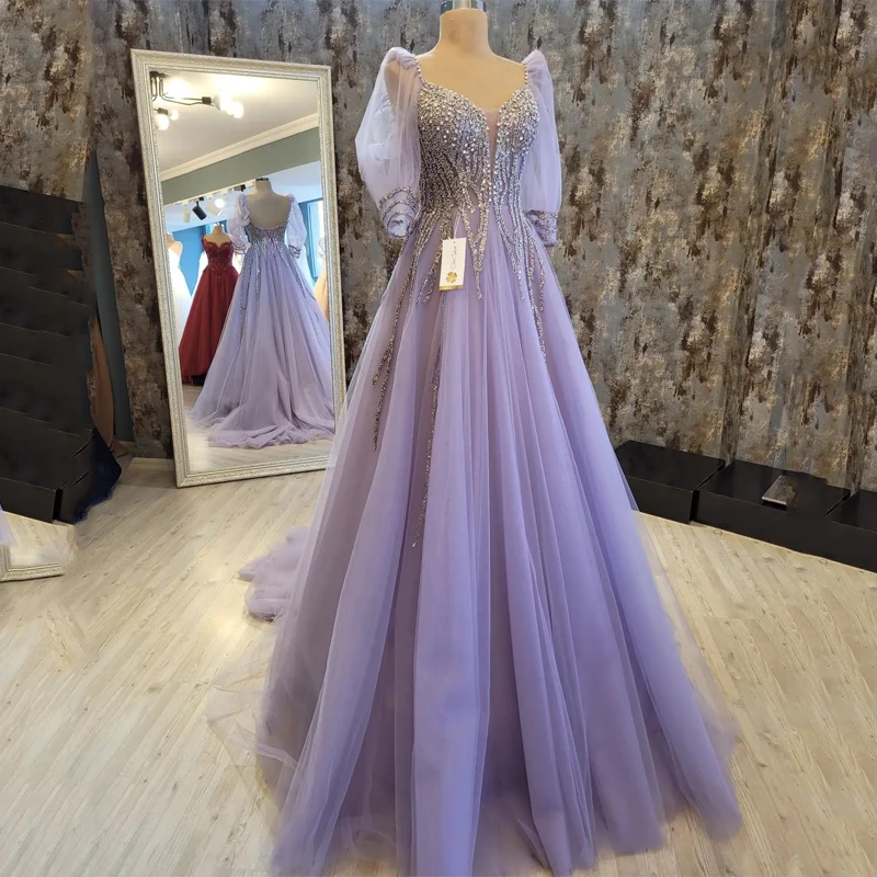 ANGELSBRIDEP-Vestidos de noite com mangas compridas, Bling, Dubai Lavender, Xaile de diamante brilhante de luxo, fio, vestido sereno formal, 2024