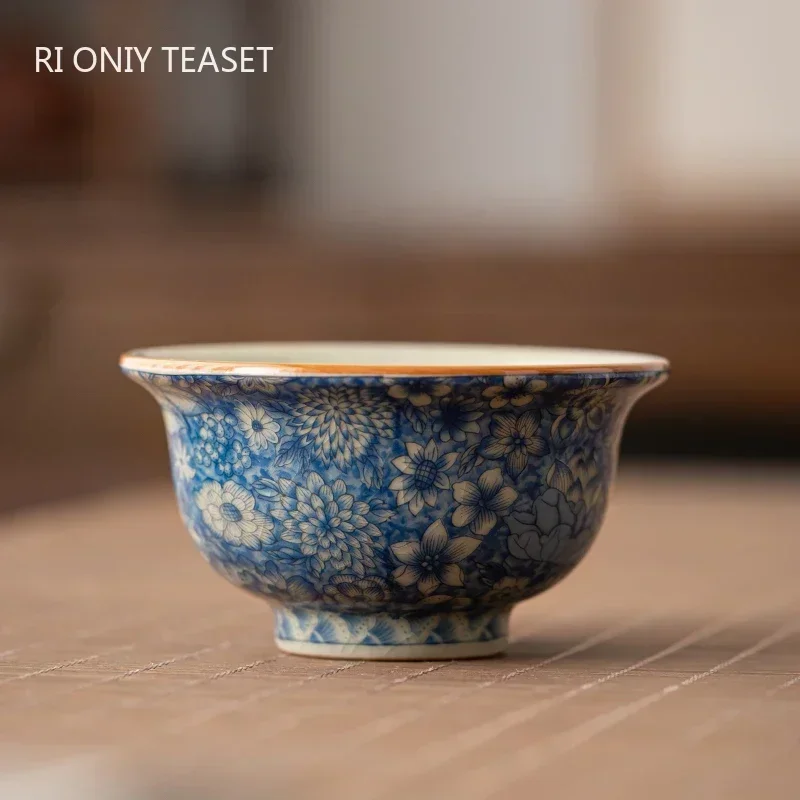 1 Pc Chinese Vintage Ru Kiln Blue and Flower Tea Cup Handmade Flowers Tea Bowl Ceramic Teacup Household Teaware Meditation Cup