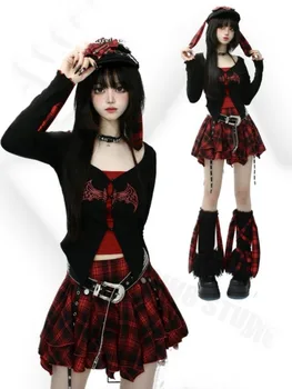 הדפס harajuku הדפסה 2 סט חלקים נשים קרדיגן הלטר בגד גוף ללא שרוולים למשוך בגדים אסתטיים פמה y2k