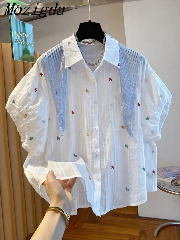 

Summer White Short Puff Sleeve Blouse Shirt Blouse Women Loose Fit Cartoon Embroidery With Cape Ladies Tops Blouses