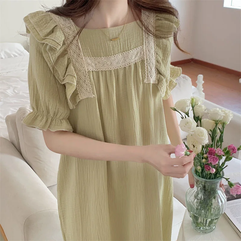 Sommerliches Prinzessinnen-Nachthemd für Damen, Süßes Mädchen-Nachthemd mit Spitze und Rüschen, Brustpolster, Schlafshirt mit Schleife, Kurzarm-Kleid, Pyjama