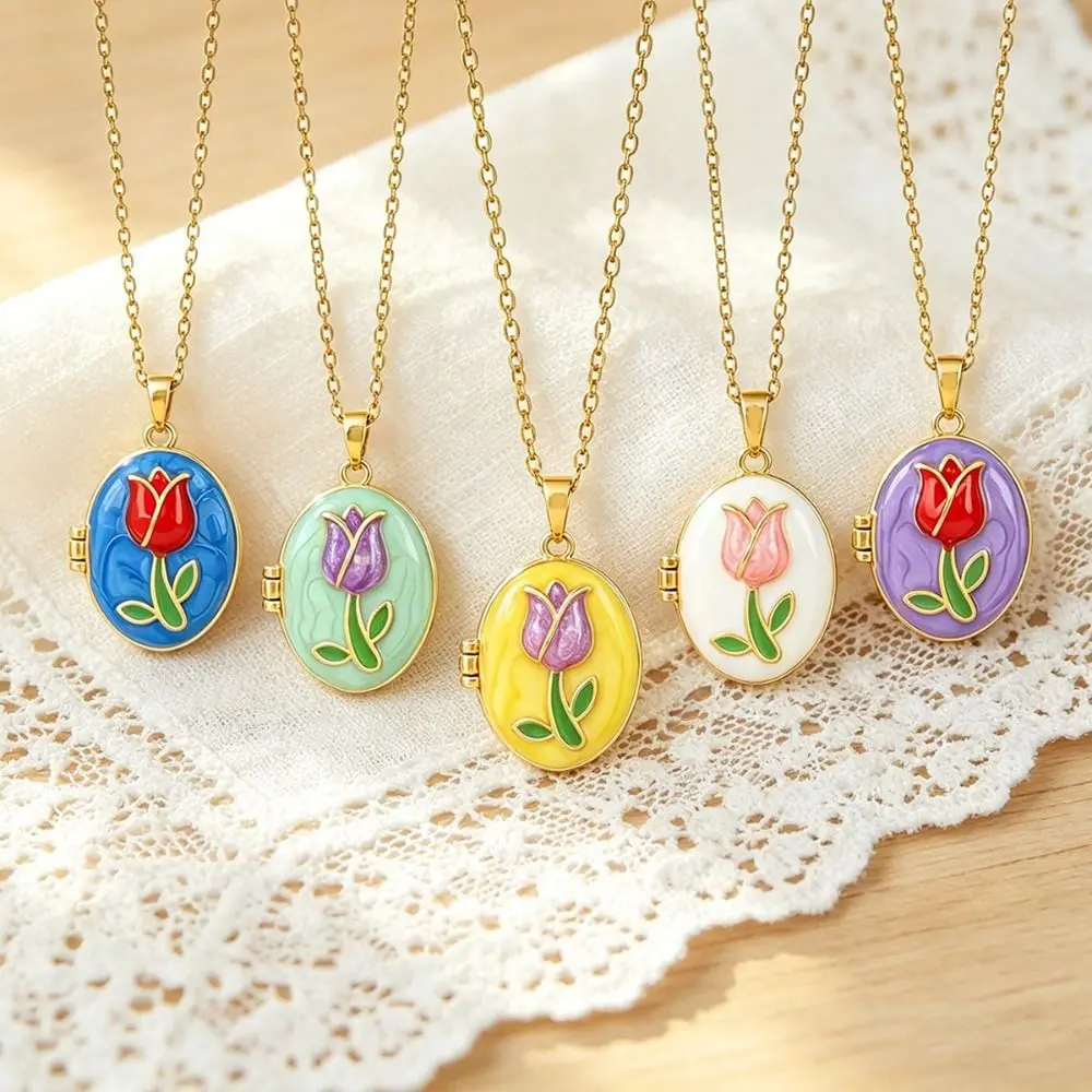 Openable Photo Locket Pendant Necklace Opening and Closing Lid Non-Fading T Enamel Necklace Vintage Copper Glazed Flower Choker