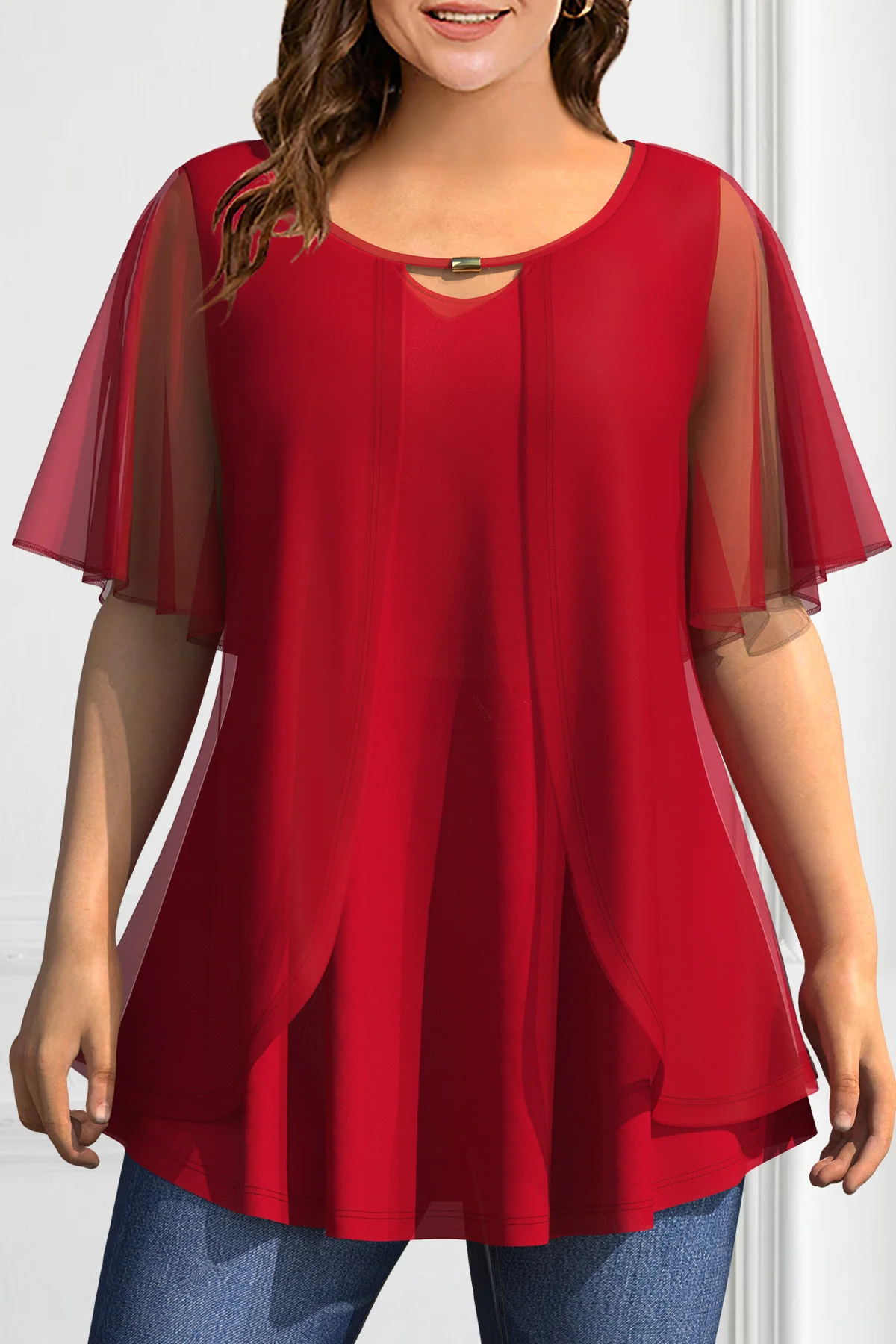 Plus Size Women's T Shirt Red Chiffon Casual Crew Neck Ruffle Sleeve Fake Two Pieces Solid Mesh Stitching Summer Top