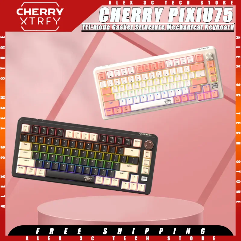 

Механическая клавиатура Cherry Pixiu75, трехрежимная беспроводная клавиатура с прокладкой и функцией горячей замены, многофункциональная игровая клавиатура на заказ