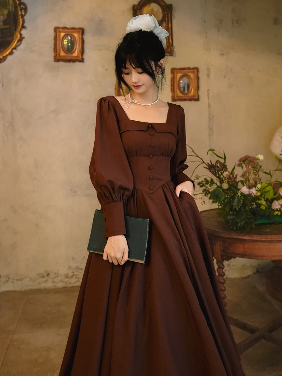 TIYIHAILEY Lente Herfst Vrouwen Jurk Volledige Lantaarn Mouw Lange Mid-Kalf Dames S-XL Vintage Hoge Taille 2025, Nieuwe Vierkante Kraag