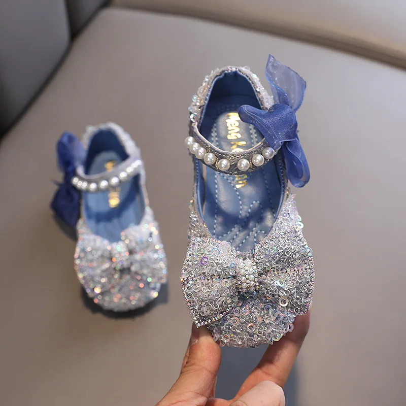 AINYFU Spring Kids Glitter Pearl Flat Princess Shoes Girls Lace Bow Wedding Leather Shoes Children Soft Bottom Dance Shoes