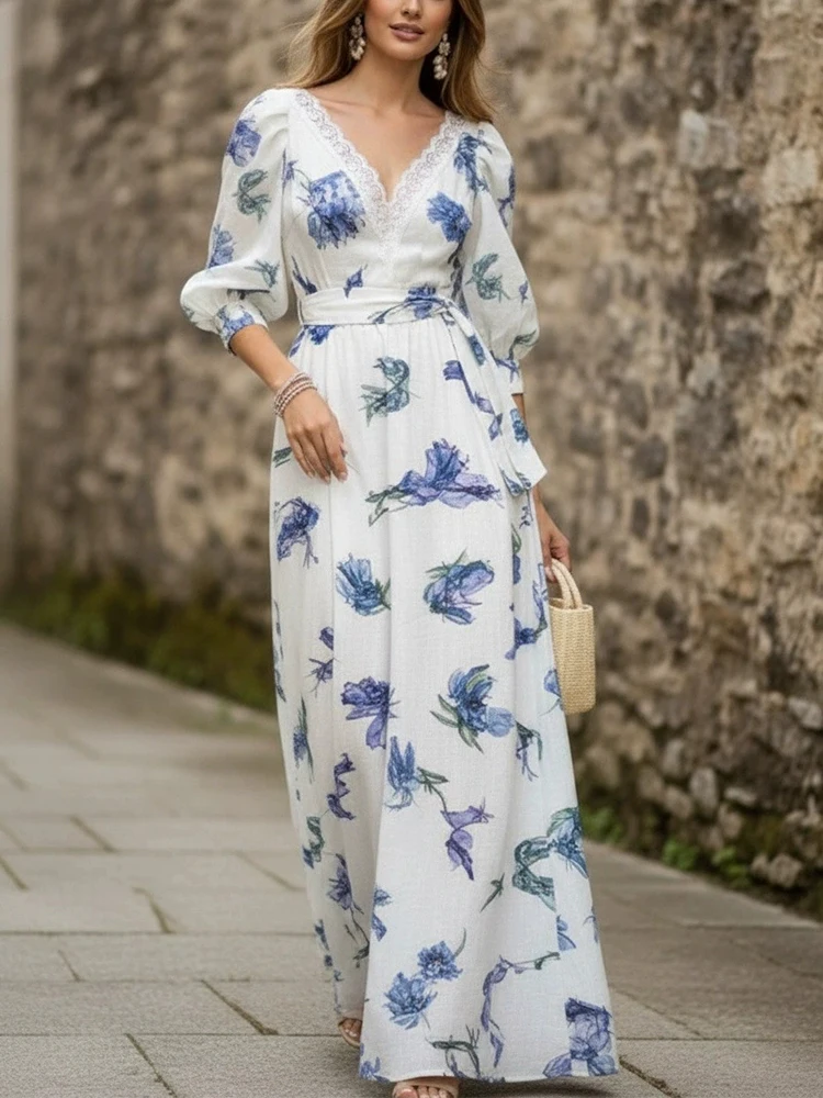 

Элегантное женское платье с V-образным вырезом и завышенной талией, с цветочным принтом, весна-лето 2026, повседневное пляжное платье с рукавами-фонариками