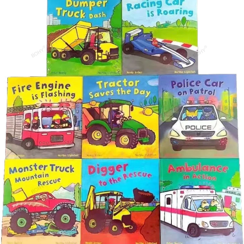 

8 PCS/Set Busy Wheels Excavator Fire Truck Racing Tractor Ambulance English Picture Story Book Boy Kids Knowledge Education